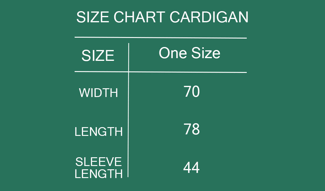 Size chart for a cardigan on a green background