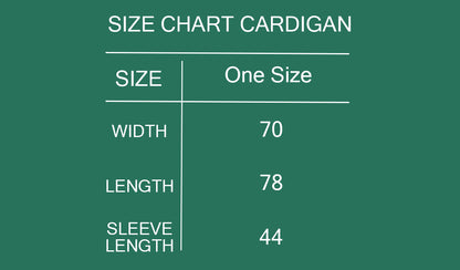Size chart for a cardigan on a green background